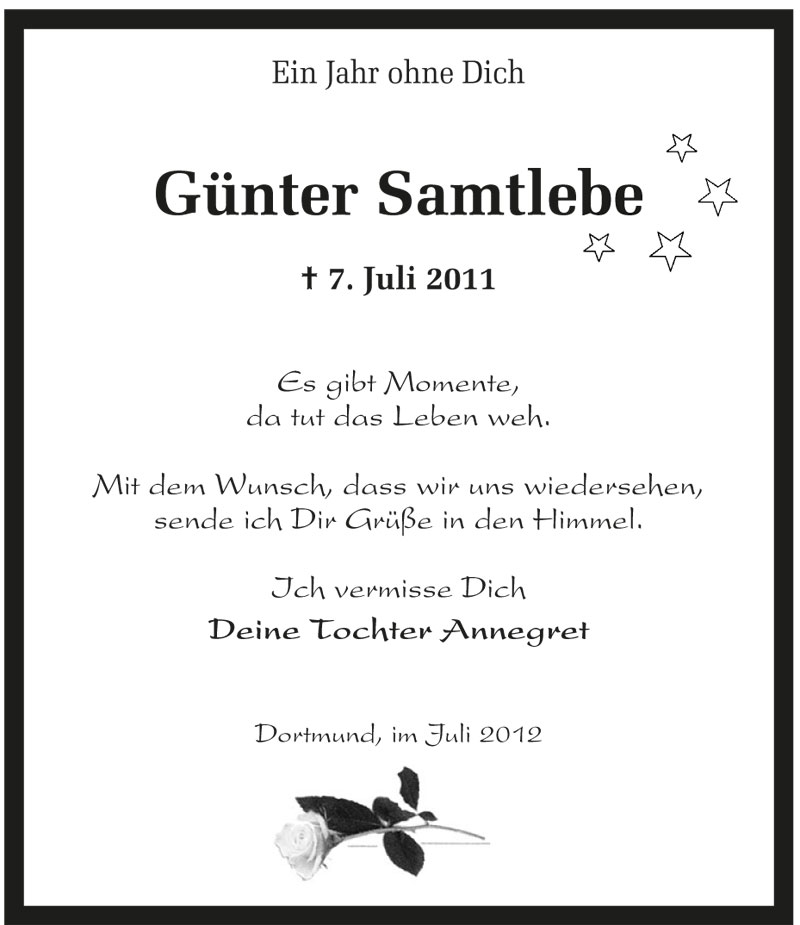  Traueranzeige für Günter Samtlebe vom 07.07.2012 aus 